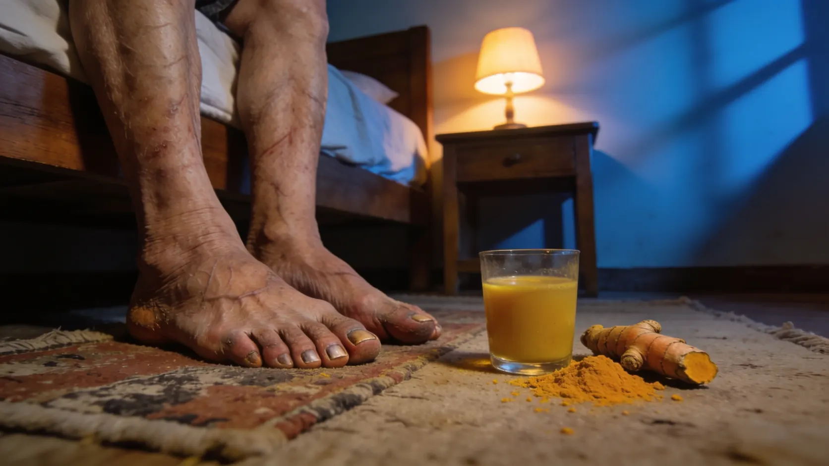 Bare feet beside the bed at night, with the golden drink and the raw root on the rug